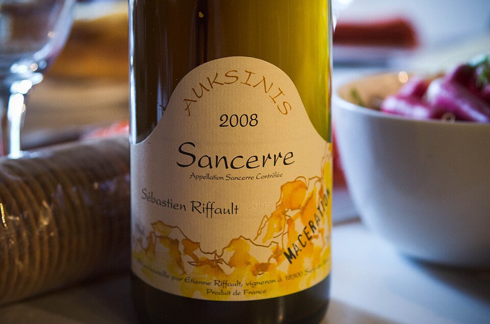 A bottle of Sancerre wine photographed on a table