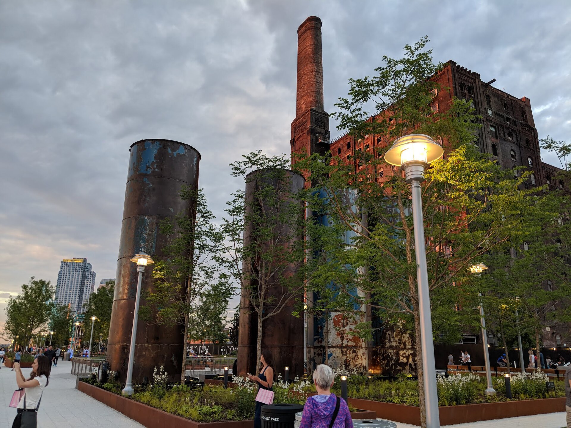Historic Domino refinery and industrial artifacts at Domino Park in Williamsburg