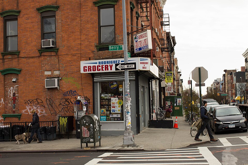 A grocery storefront on Grand Street viewed across Berry Street in Williamsburg in 2014