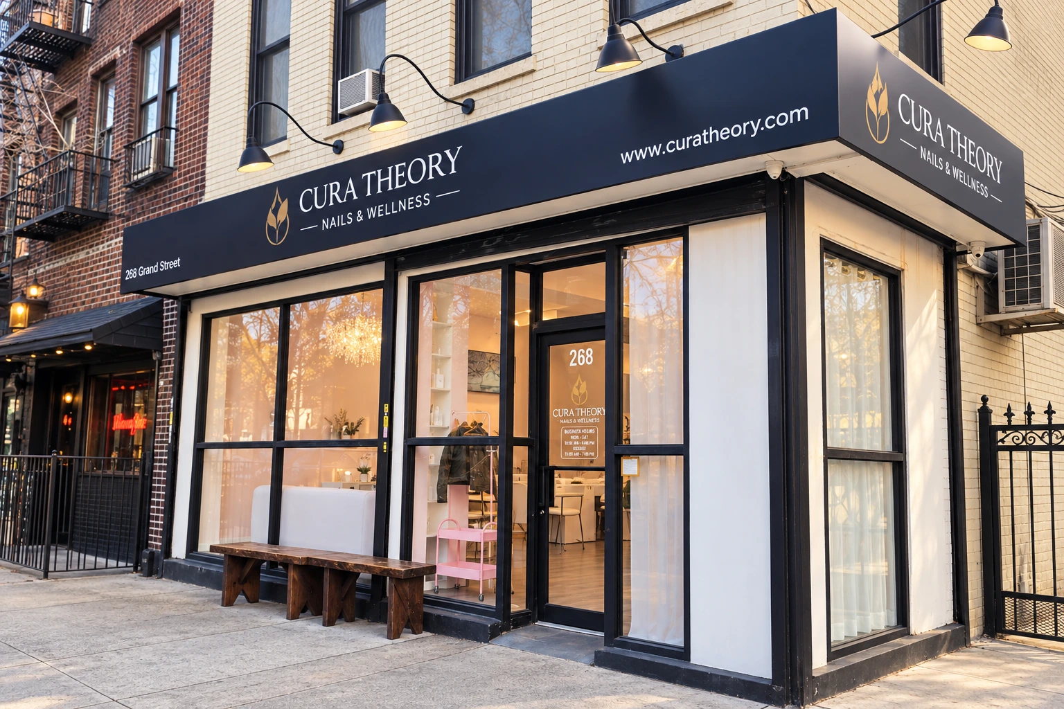 Cura Theory storefront at 268 Grand Street with its Nails and Wellness sign